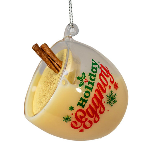 Glass holiday eggnog ornament shaped like a creamy mug with cinnamon sticks.
Kurt Adler 2.6-inch eggnog ornament with red and green festive lettering.
Christmas drink ornament made of glass and claydough with silver hanging cord.