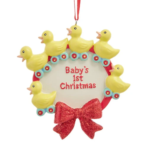 Baby’s 1st Christmas resin ornament with yellow ducklings and red glitter bow.
Kurt Adler 3.5-inch personalized baby ornament with wreath-style frame.
Duck-themed Christmas ornament with red lettering, blue accents, and red hanging ribbon.