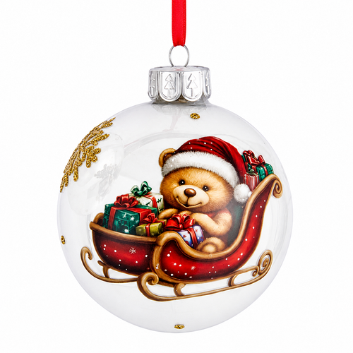 Pearl white glass ball ornament with teddy bear in red sleigh and wrapped gifts.
Kurt Adler 3-inch ornament with Merry Christmas lettering and gold glitter accents.
Glass Christmas ornament with silver cap, red ribbon hanger, and painted teddy bear scene.