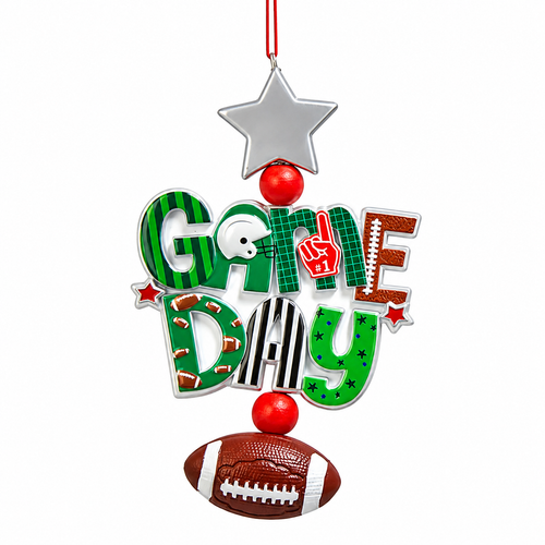 Resin football ornament with colorful “Game Day” lettering and silver star topper.
5-inch Kurt Adler sports ornament with football base and red hanging cord.
Football-themed Christmas ornament with helmet, referee stripe, and foam finger details.