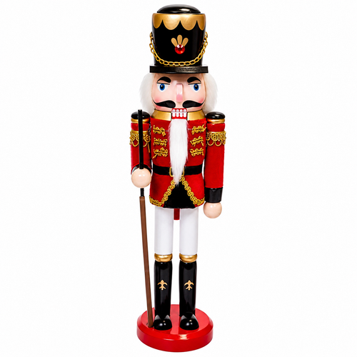 Kurt Adler nutcracker with red jacket, white pants, black hat, white hair, and rifle accessory.
Side view of 11 inch wooden nutcracker showing gold trim, black boots, red round base, and rifle.
Front view of classic soldier nutcracker with painted face, white beard, red coat, and tall black hat.