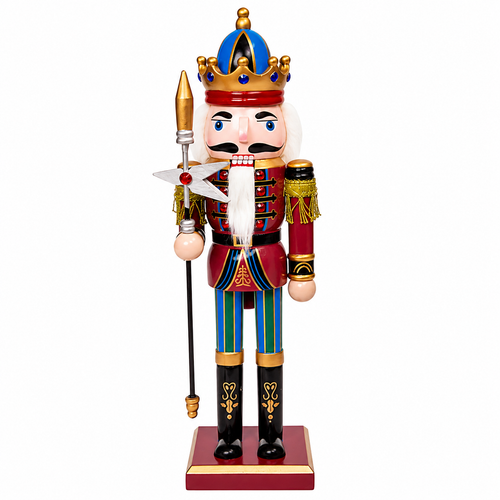 Kurt Adler maroon nutcracker with gold crown, striped pants, white beard, and tall staff.
Side view of 11 inch wooden nutcracker showing maroon jacket, gold trim, black boots, and staff.
Front view of crowned Christmas nutcracker with painted face, white hair, jeweled crown, and red base.