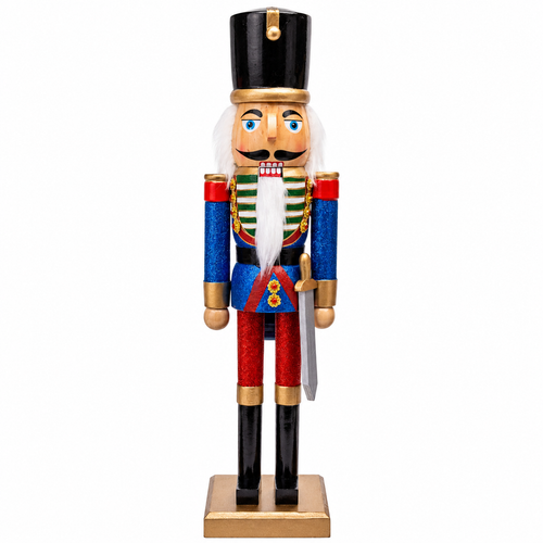 15-inch nutcracker with blue glittered jacket, red pants, black hat, sword, and gold-tone base.
Side view of Kurt Adler Red Pants Nutcracker with white hair, black boots, and painted details.
Back view of blue and red nutcracker showing white faux hair, tall black hat, and square base.