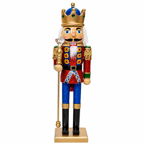 Kurt Adler 15 inch nutcracker with blue glitter pants, red jacket, gold crown, white beard, and staff.
Side view of crowned nutcracker showing gold shoulder trim, blue pants, black boots, and gold base.
Front view of wooden soldier nutcracker holding a staff with gem-like top and wearing a red glitter coat.
