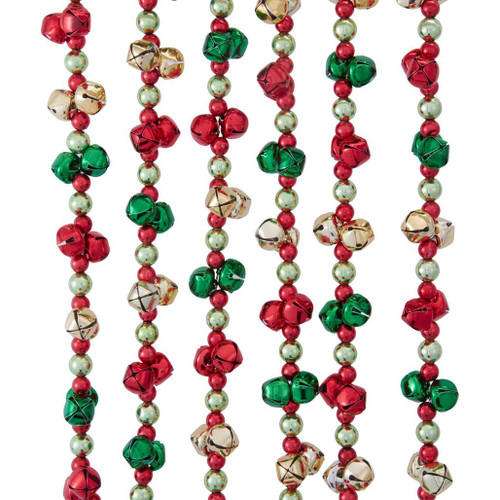 Kurt Adler 6 foot beads and bells garland with red, green, and gold accents.
Multicolor Christmas garland with alternating beads and metallic bells.
Lightweight beaded bell garland for trees, mantels, wreaths, staircases, and tabletops.