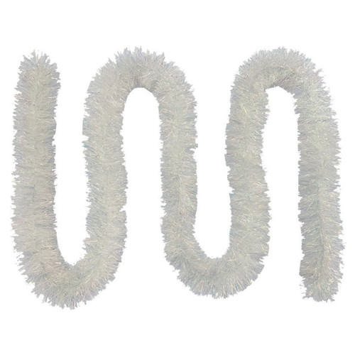 Kurt Adler 9 foot iridescent tinsel garland with reflective white multicolor shimmer.
Flexible white iridescent tinsel garland for Christmas trees, mantels, railings, and door frames.
Indoor outdoor tinsel Christmas garland with sparkling strands for holiday displays.