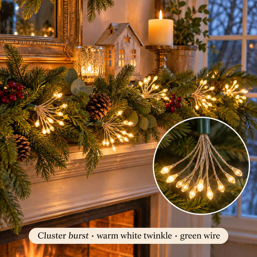 Kurt Adler Warm White Twinkle Cluster Burst Lights - warm white LED lights on a decorated Christmas tree with a close-up of the bulbs