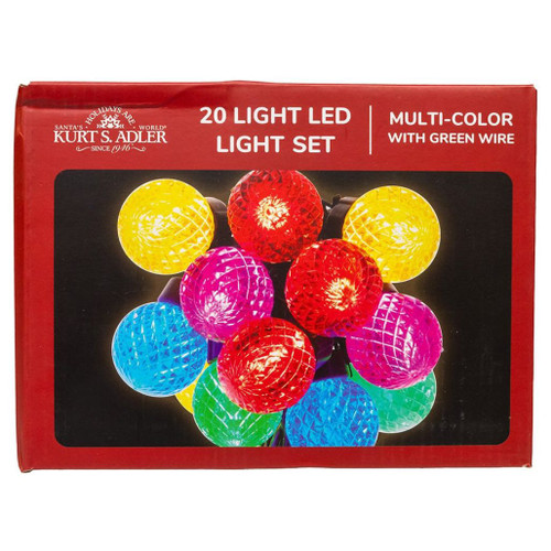 Kurt Adler multicolor G40 faceted LED light set with 20 bulbs on green wire.
31.6 foot indoor outdoor LED light strand with multicolor faceted G40 bulbs.
Connectible multicolor Christmas light set for trees, garlands, wreaths, railings, and displays.