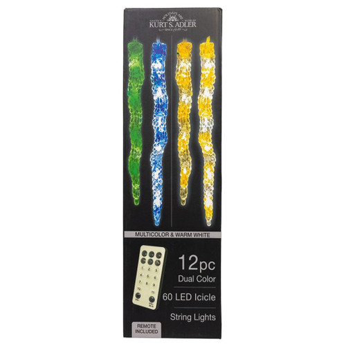 Kurt Adler dual color LED icicle light set with multicolor and warm white lights on silver wire.
7 foot connectible icicle string light with 60 LEDs, remote control, and adapter power source.
Indoor outdoor icicle Christmas lights for rooflines, trees, porches, and holiday displays.