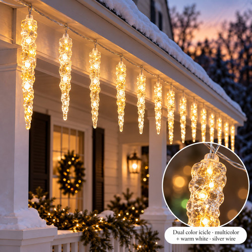 Kurt Adler Dual Color LED Icicle Light Set - warm white LED lights on a decorated Christmas tree with a close-up of the bulbs