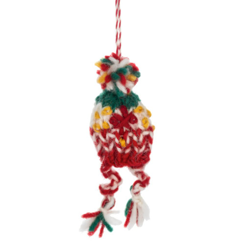Miniature knit hat Christmas ornament made from colorful yarn with pom-pom top.
Red, green, white, and yellow woven hat ornament with braided tassel details.
Yarn holiday ornament with hanging string for Christmas tree decorating.