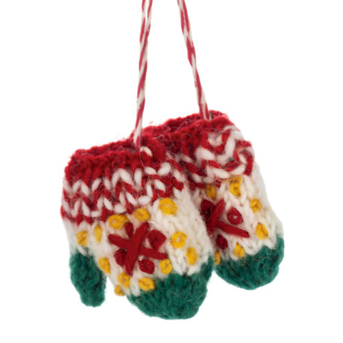 Pair of miniature knit mitten ornaments made from yarn in red, green, white, and yellow.
Yarn Christmas mitten ornament with attached red and white hanging cord.
Cozy knit mitten holiday ornament with textured stitched details.