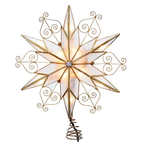 6-point Capiz star Christmas tree topper with scroll design.
9 inch Kurt Adler star treetop with 10 UL-listed lights.
Lighted Capiz shell star treetop with graceful scrollwork detail.