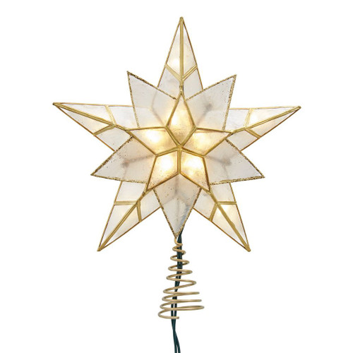 Gold glittered 5-point Capiz star Christmas tree topper.
9.84 inch Kurt Adler lighted star treetop with 10 clear lights.
Traditional gold Capiz star treetop with shimmering glitter finish.