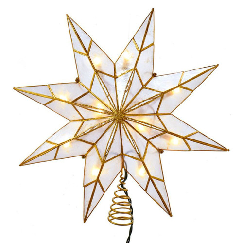 Gold 8-point Capiz star Christmas tree topper with lighted design.
14 inch Kurt Adler Capiz star treetop with 10 UL-listed lights.
Lighted gold star treetop for medium to large indoor Christmas trees.