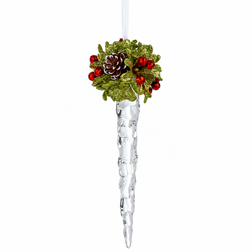 Clear faceted acrylic icicle ornament with mistletoe greenery, red berries, and pinecone top.
Crystal-look icicle Christmas ornament hanging from a white ribbon.
Acrylic icicle ornament, 6" L, with woodland holiday accents.