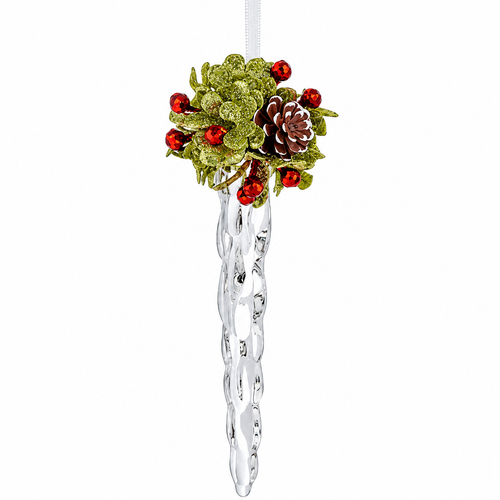 Clear acrylic bubble icicle ornament with mistletoe greenery, red berries, and pinecone top.
Crystal-look icicle Christmas ornament hanging from a white ribbon.
Acrylic bubble icicle ornament, 6" L, with woodland holiday accents.