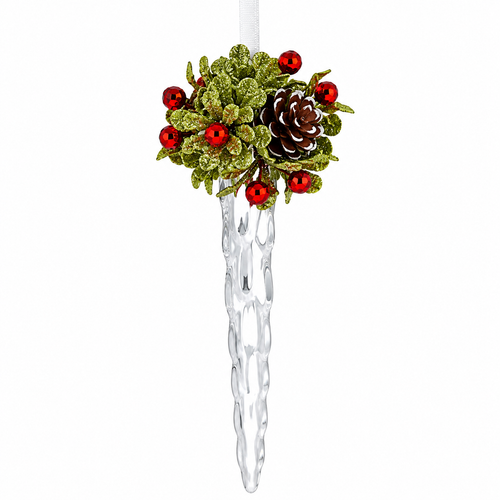 Clear acrylic spiral icicle ornament with mistletoe greenery, red berries, and pinecone top.
Crystal-look icicle Christmas ornament hanging from a white ribbon.
Acrylic spiral icicle ornament, 6" L, with woodland holiday accents.