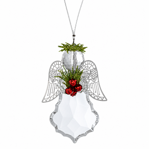 Silver winged angel ornament with clear faceted acrylic body.
Acrylic angel ornament with green mistletoe and red berry accents.
Small silver angel Christmas ornament measuring 2 1/4" W x 3 1/2" L.