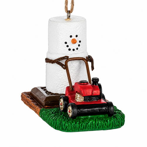 S'mores snowman ornament pushing a red lawn mower on green grass.
Resin marshmallow snowman on graham cracker and chocolate base.
Lawn mowing ornament measuring 2 5/8" W x 2 1/4" H.
