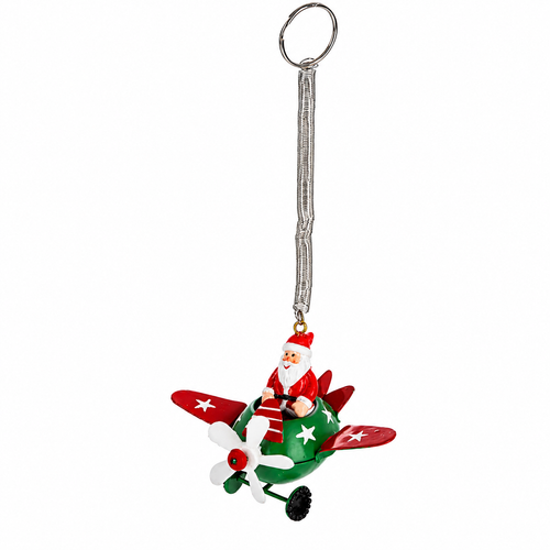 Santa riding in a green airplane ornament with red wings and white stars.
Hanging Christmas ornament featuring Santa in a propeller airplane.
Metal and resin Santa airplane ornament measuring approximately 3.75 x 2.75 inches.
