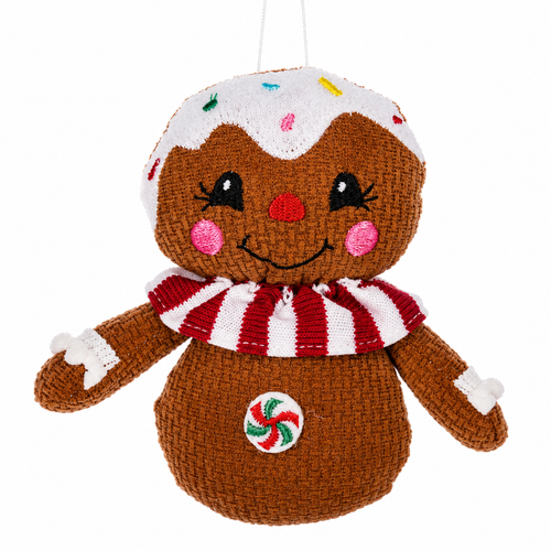 Gingerbread character ornament with red and white striped scarf and icing details.
Soft polyester Christmas ornament featuring smiling gingerbread with colorful sprinkles.
Gingerbread holiday ornament measuring approximately 4 x 5.25 inches.