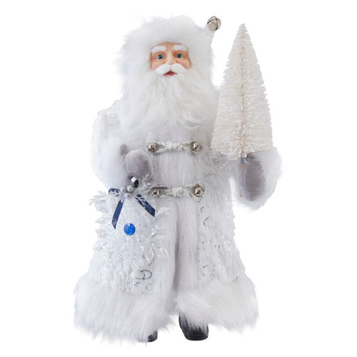 White and silver Santa figure holding a decorated Christmas tree.
18-inch KSA Kringles Santa made from polyester, plastic, and acrylic.
Elegant Santa tabletop decoration with sparkling accents for holiday displays.