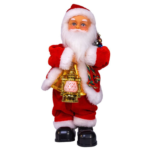 Animated Santa table piece dancing beside an illuminated lantern.
Battery-operated indoor Santa decoration made from polyester and plastic.
Multicolor Christmas table piece with Santa in red suit and glowing lantern.