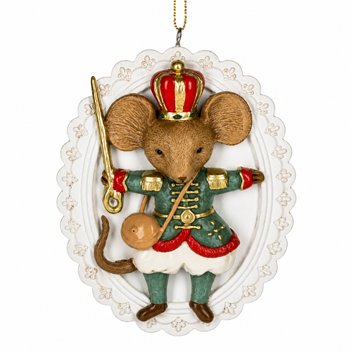 Mouse King Nutcracker disk ornament with red crown and green uniform.
Crowned mouse ornament holding a gold sword on an ornate white oval disk.
Nutcracker Mouse King Christmas ornament with gold, red, and green details.