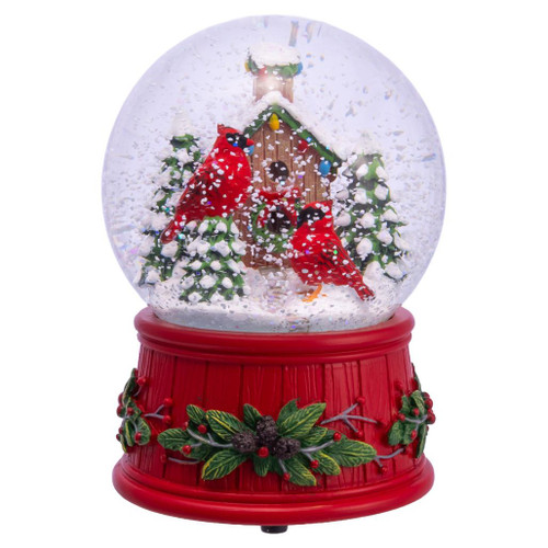 100MM glass water globe featuring red cardinals perched on a snowy tree branch.
Musical wind-up holiday water globe with swirling glitter effect.
Kurt Adler resin and glass Christmas water globe playing "We Wish You a Merry Christmas."