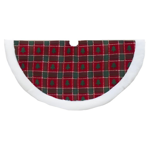 Red plaid mini Christmas tree skirt with green tree pattern and white trim.
20-inch polyester tree skirt designed for tabletop Christmas trees.
Kurt Adler mini tree skirt with center opening and faux-fur style border.