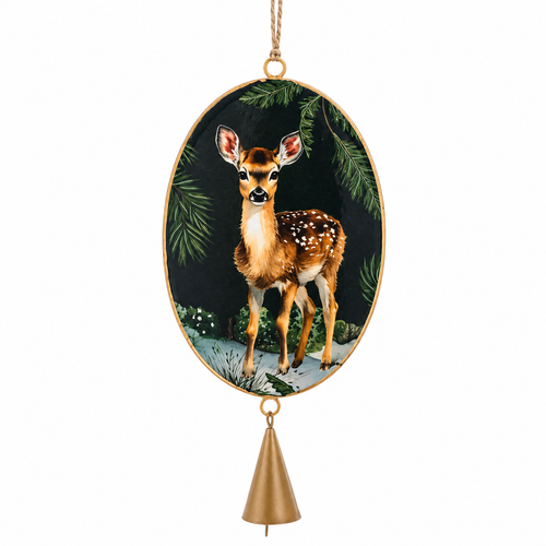 Oval metal ornament featuring a young deer with evergreen branches on a dark background.
Woodland deer disk ornament with hanging cord and gold-tone bell accent.
Floral Deer Disk Ornament in metal, measuring 3.5 x 7.5 inches.