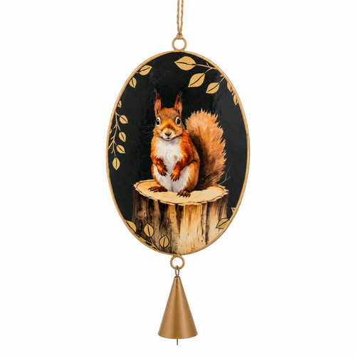 Oval metal ornament featuring a squirrel on a tree stump with gold leaf accents.
Woodland squirrel disk ornament with hanging cord and gold-tone bell accent.
Floral Squirrel Disk Ornament in metal, measuring 3.5 x 7.5 inches.