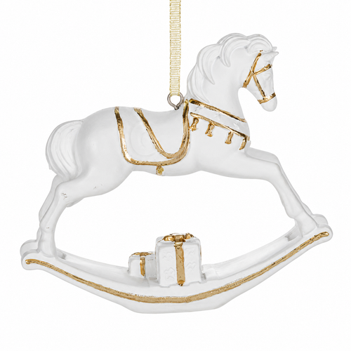 White resin rocking horse ornament with gold trim and hanging ribbon.
Rocking horse Christmas ornament with gold saddle, bridle, rocker, and gift details.
Resin Rocking Horse Ornament measuring 3.25 x 4.25 inches.