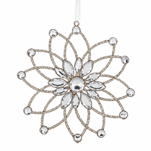 Crystal looped snowflake ornament with clear faceted gems and gold-toned glitter frame.
Plastic snowflake ornament shown hanging from a sheer ribbon.
Large sparkling snowflake ornament measuring 6 1/8 x 6 5/8 inches.