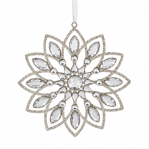 Crystal petal snowflake ornament with clear faceted accents and glittery gold-toned outline.
Plastic snowflake ornament shown hanging from a sheer ribbon.
Large petal-style snowflake ornament measuring 6 1/8 x 6 5/8 inches.