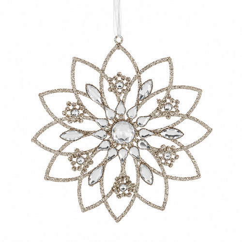 Crystal floral snowflake ornament with clear faceted gems and glittery gold-toned frame.
Plastic snowflake ornament with petal points and small floral-style accents.
Large floral snowflake ornament measuring 6 1/8 x 6 5/8 inches.