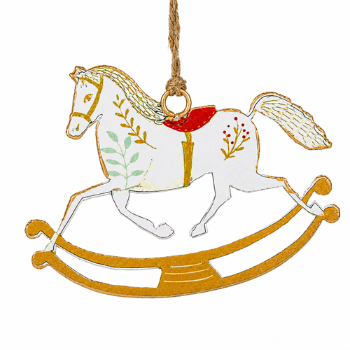 Vintage small rocking horse ornament made of metal with white finish and gold trim.
Christmas rocking horse ornament featuring a red saddle and painted botanical accents.
Metal rocking horse ornament measuring 3 x 4 inches with twine hanging loop.