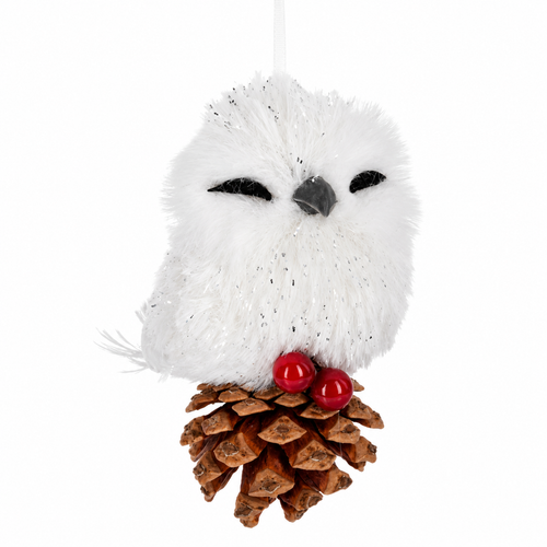 White snowy owl ornament with closed eyes perched on a pine cone.
Artificial fur owl Christmas ornament with gray beak, red berries, and silver sparkle.
Woodland owl ornament measuring 2.75 x 3.5 inches with pine cone base and white hanging ribbon.