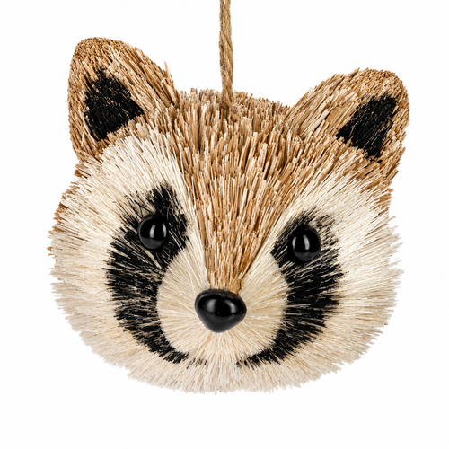Brush raccoon ornament with tan, cream, and black fiber-textured facial markings.
Woodland raccoon Christmas ornament with glossy black eyes, black nose, and rounded ears.
Fiber animal ornament measuring 3 1/8 inches with natural bristle-style texture.