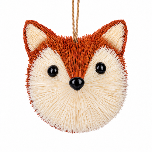 Brush fox ornament with orange and cream fiber-textured facial markings.
Woodland fox Christmas ornament with glossy black eyes, black nose, and pointed ears.
Fiber animal ornament measuring 3 1/8 inches with natural bristle-style texture.