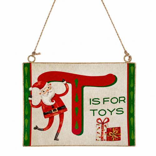 Retro Santa toy sign ornament with red and green vintage styling.
Metal Christmas sign featuring Santa, “T is for Toys,” and wrapped gifts.
Toy-themed hanging ornament measuring 5.25 x 4.5 inches.