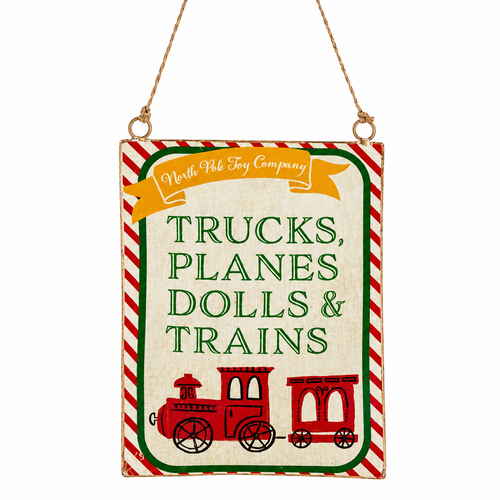 Retro toy train sign ornament with candy cane border and vintage lettering.
Metal Christmas sign featuring red train artwork and hanging cord.
Toy-shop themed ornament measuring 5.25 x 4.5 inches.