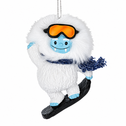 Yeti ornament with blue scarf, orange goggles, and snowboard.
Resin Christmas ornament featuring white furry-look yeti and blue face.
Winter sports ornament measuring 3.25 inches with hanging cord.