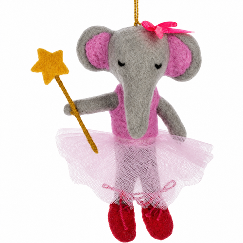 Wool elephant Christmas ornament wearing a pink tutu and red shoes.
Felt elephant ornament with pink bow and gold star wand.
5 x 3.5 inch Sugarplum Elephant ornament with hanging cord.