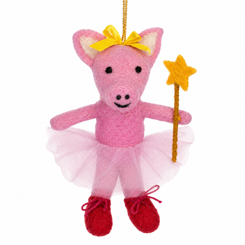Wool pig Christmas ornament wearing a pink tutu and red shoes.
Felt pig ornament with yellow bow and gold star wand.
5 x 3.5 inch Sugarplum Pig ornament with hanging cord.