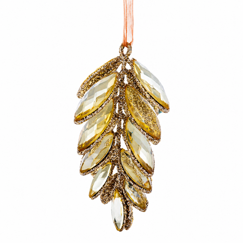 Gold glittered pinecone ornament with faceted acrylic leaf-like pieces.
Hanging gold pinecone Christmas ornament with metal frame and ribbon.
Acrylic and metal ornament measuring 2.25 x 3.5 inches.