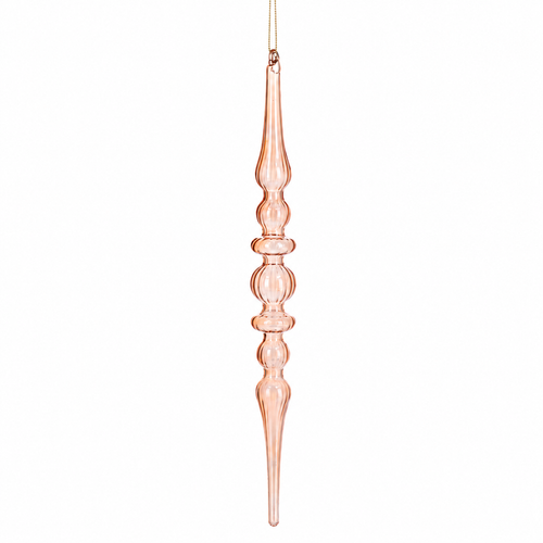 Blush glass icicle drop finial ornament with two rounded ring accents.
Long glass Christmas ornament hanging from a thin cord.
Glass icicle finial ornament measuring 1.25 x 12 inches.