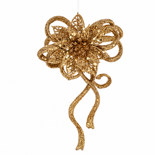 Gold glittered poinsettia bow ornament with ribbon loops and trailing tails.
Acrylic Christmas ornament shaped like a poinsettia flower and bow.
Gold acrylic ornament measuring 6.5 x 4 inches.