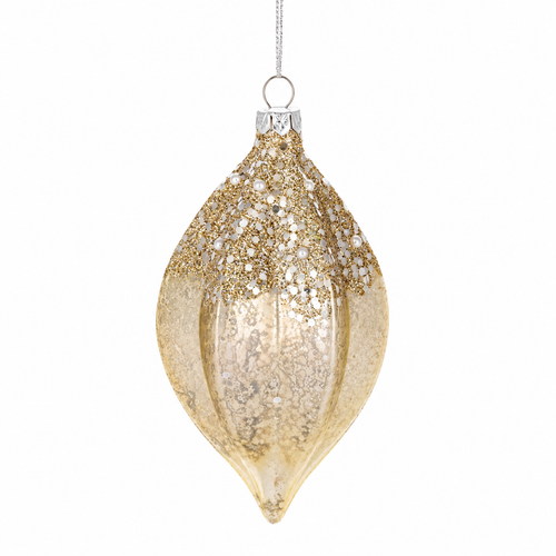 Antique gold glass drop ornament with elongated teardrop shape.
Glass Christmas ornament featuring glittered gold detailing and pearl-like accents.
Elegant 2 3/8 x 4 3/8 inch gold drop ornament for traditional holiday décor.